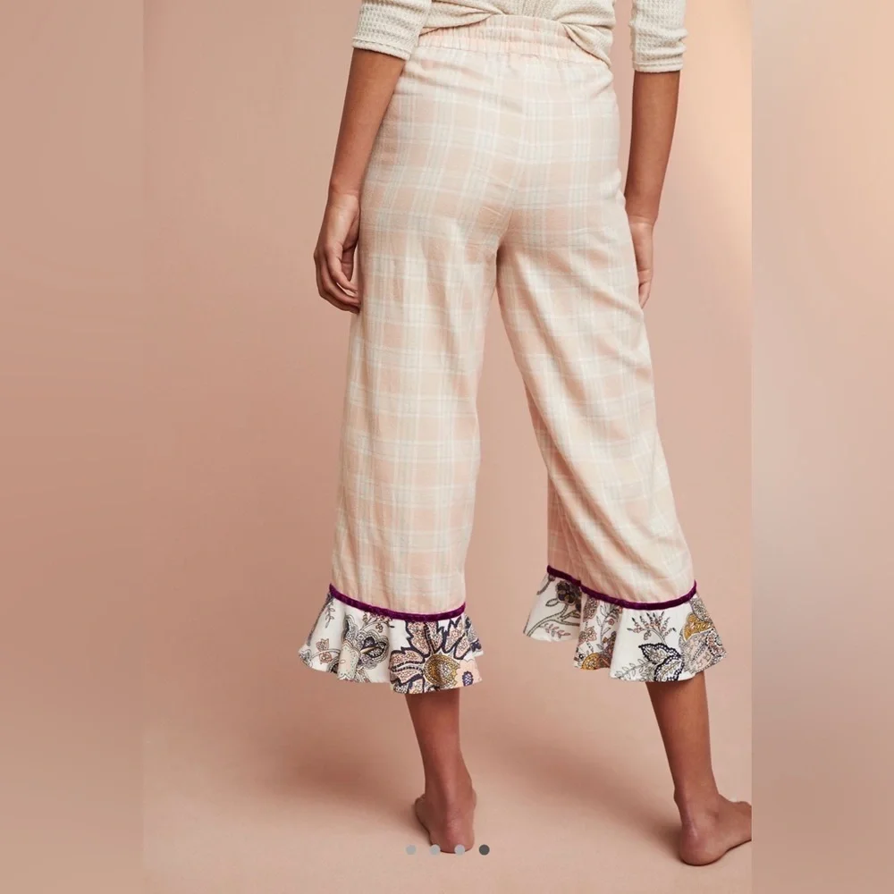 Large Anthropologie floreat patchwork sleep pants ruffle hem pink plaid floral